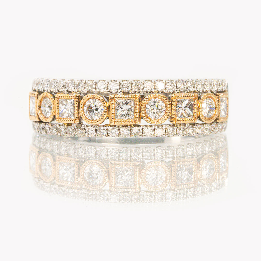 18 carat white and rose gold round and princess cut diamond dress ring