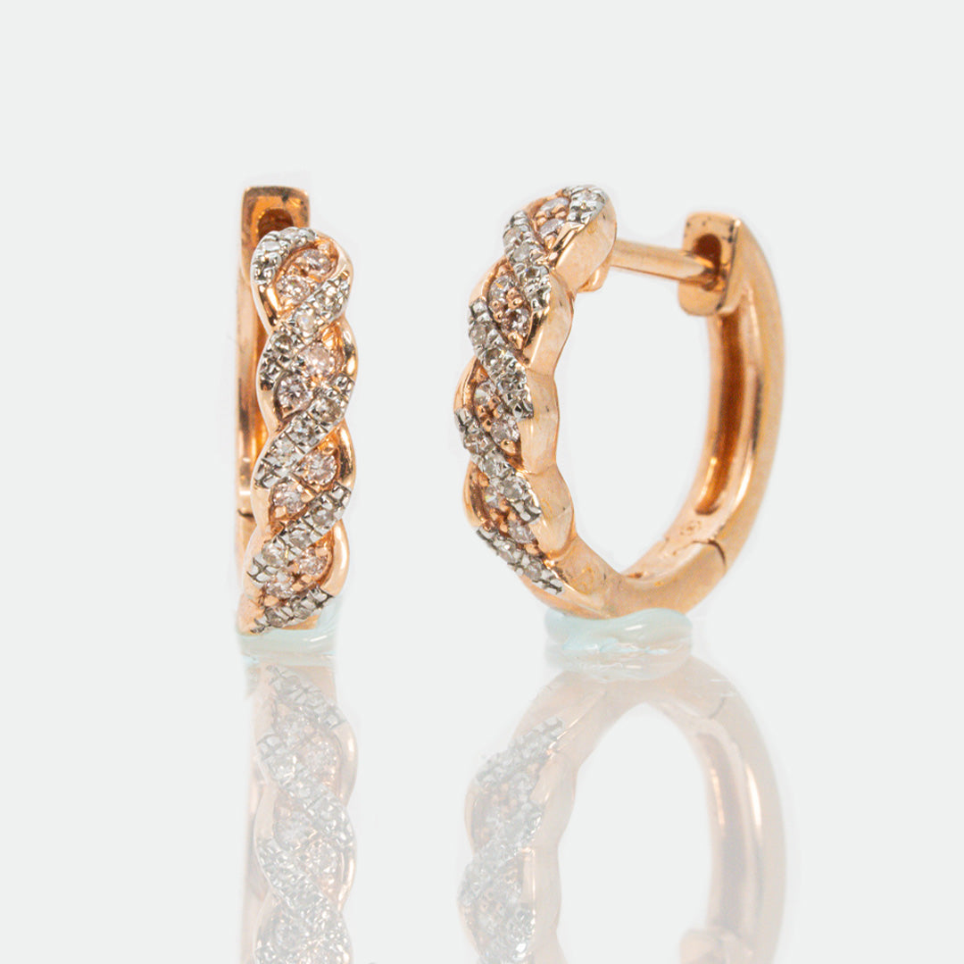 18 carat rose gold pink and white diamond twist huggies