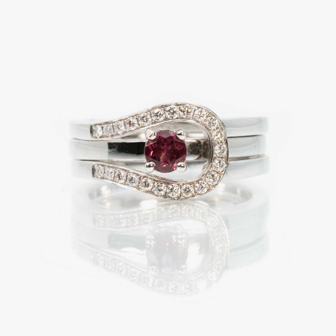 18 carat white gold diamond and pink tourmaline double dress ring