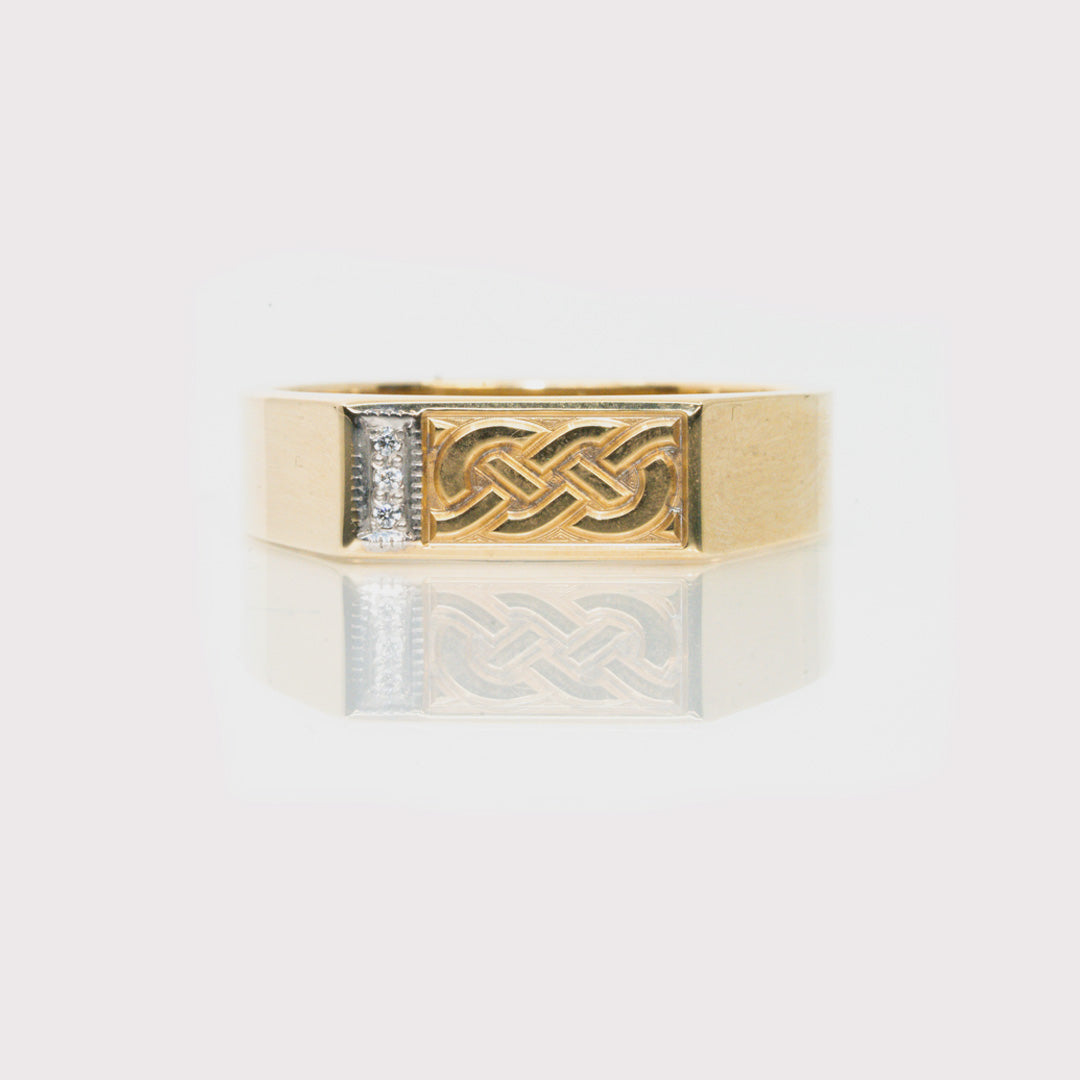18 carat yellow gold and diamond celtic gents ring