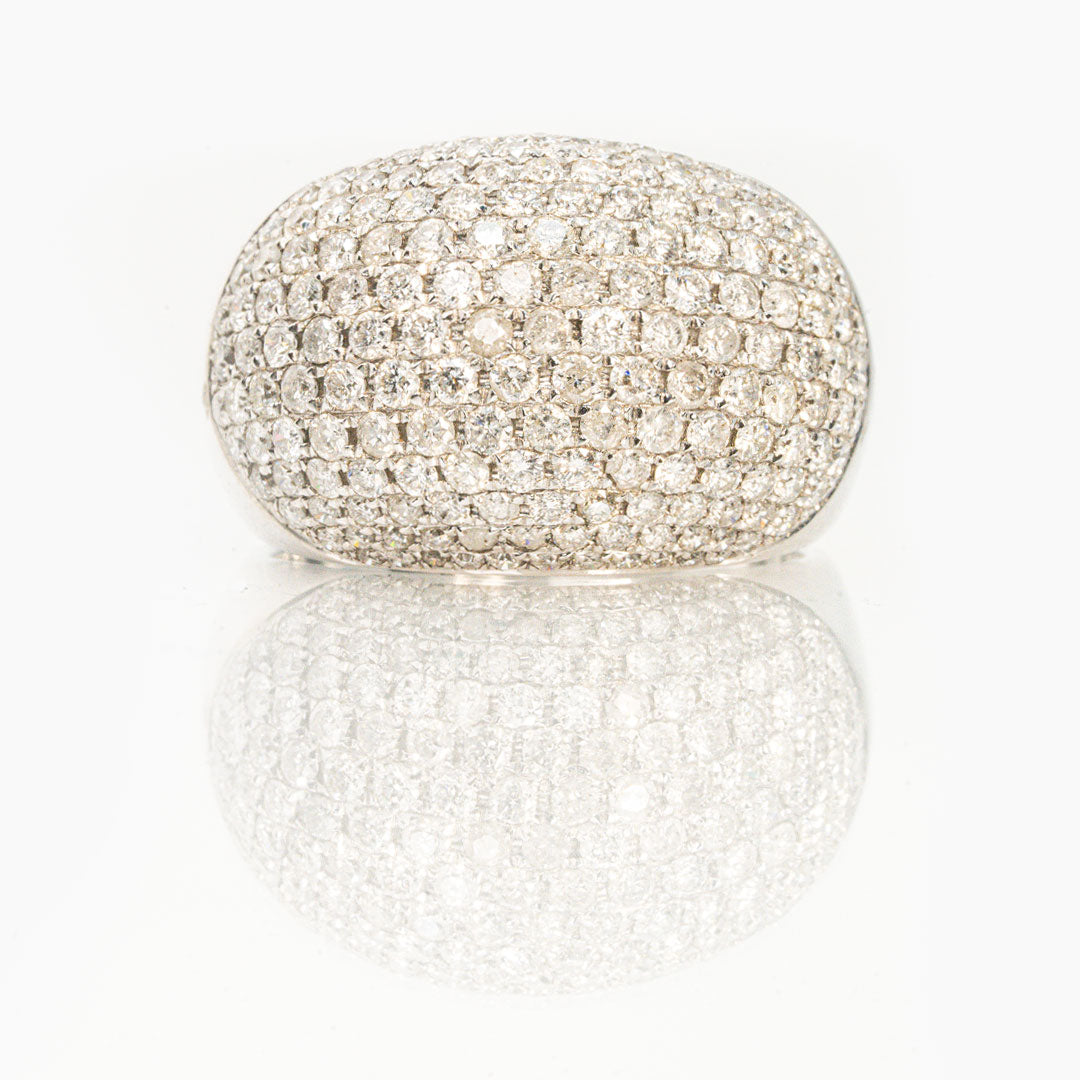 18 carat white gold and pave set diamond high dome ring