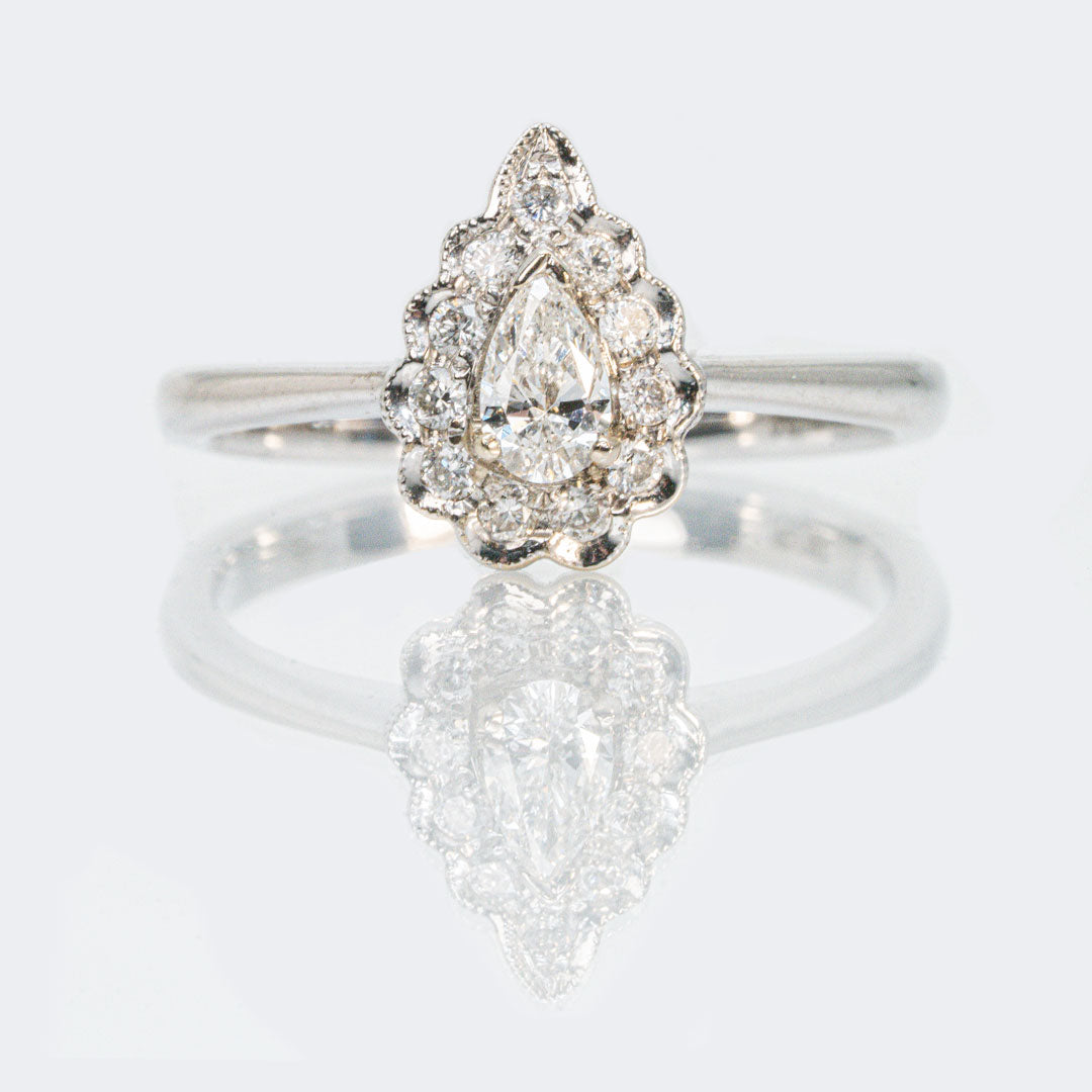 18 carat white gold and diamond pear engagement ring