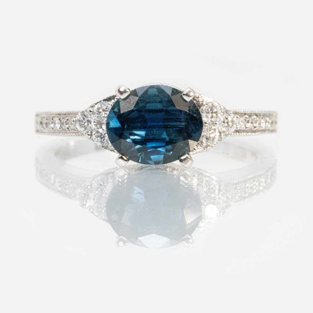 18 carat white gold diamond and blue topaz ring
