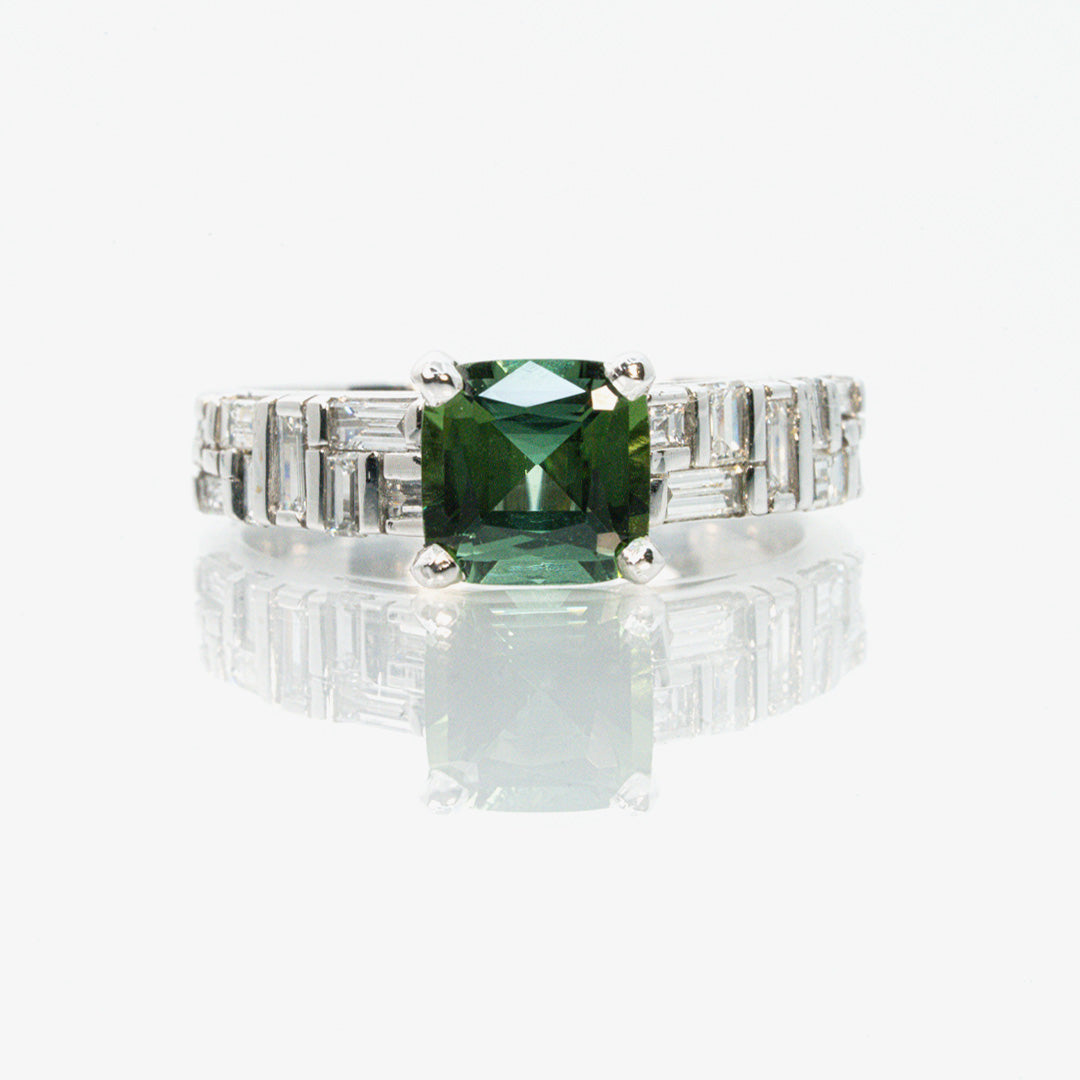 18 carat white gold diamond and tourmaline ring