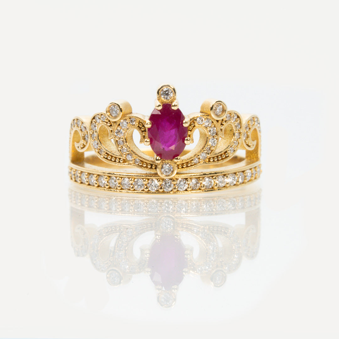 18 carat yellow gold diamond and ruby crown ring