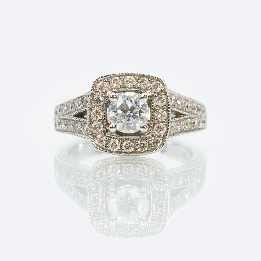 18 carat white gold diamond halo engagement ring