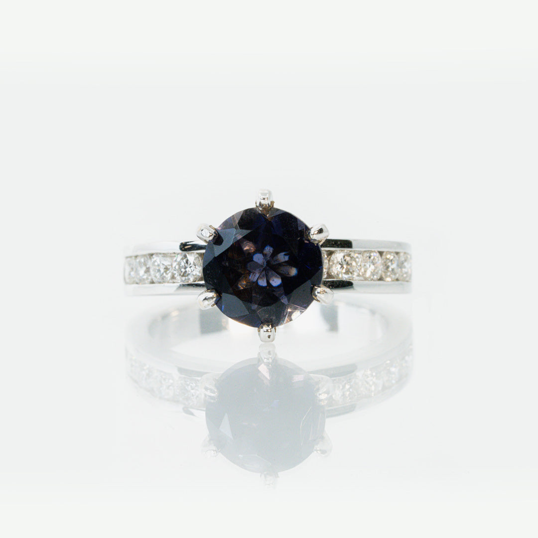 18 carat white gold diamond and iolite ring