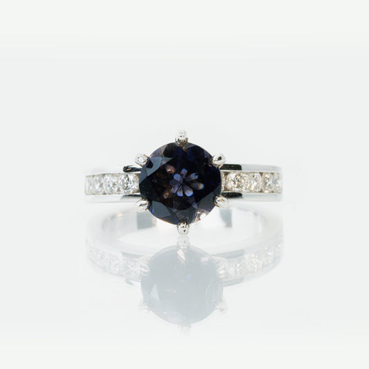 18 carat white gold diamond and iolite ring