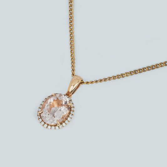 9 carat yellow gold diamond and morganite pendant