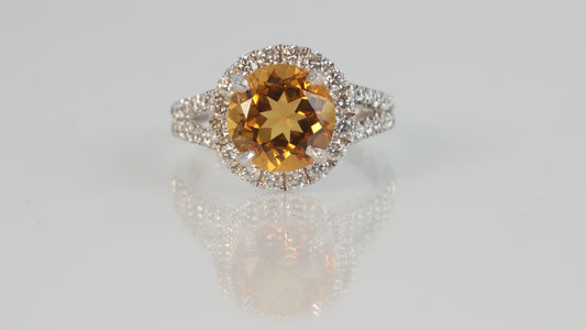 18 carat white gold diamond and citrine ring